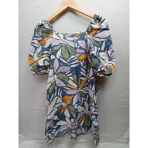 Cottonworld Womens Square Neck Floral Pure Linen Dress Small Puff Sleeve Lilac